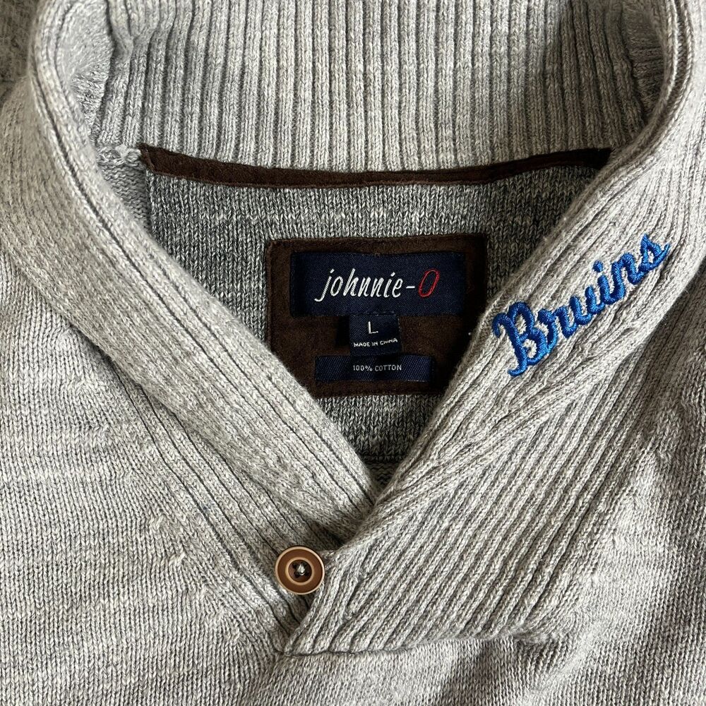 BRUINS JOHNNIE O Sweater Mens L Pullover Gray Button Knit Golf Shawl Embroidered